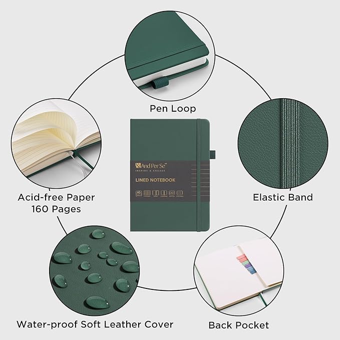 &And Per Se Lined Journal Notebook (5 Packs), 160 Pages, A5 5.7 x 8 inches College Ruled Thick Paper Notebook Journals for Writing, Hardcover Notebooks for Women Men Office School (Green)