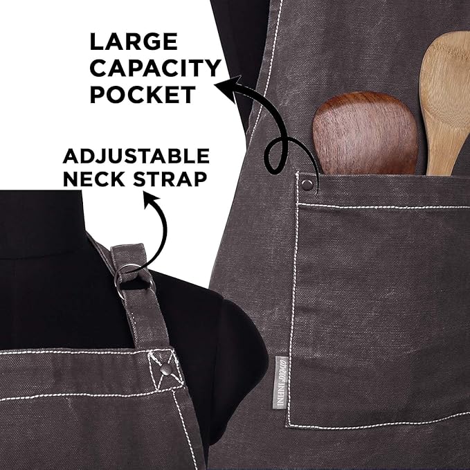 AMOUR INFINI Cotton Solid Aprons for Women with Pocket, Adjustable Strap and Waist Ties Washed Chef Aprons for Cooking, Baking and Gardening (27.5x33 Inches - Brown)