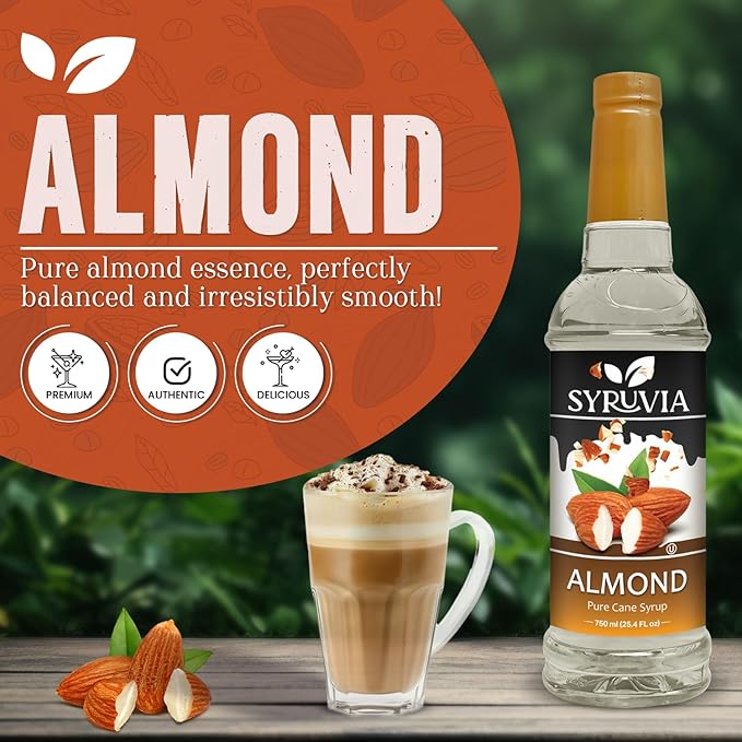 Syruvia Almond Coffee Syrup - 25.4 fl oz - Kosher Syrups, Gluten Free, No Coloring, Perfect for Drinks, Soda, Shakes, Desserts, and More.