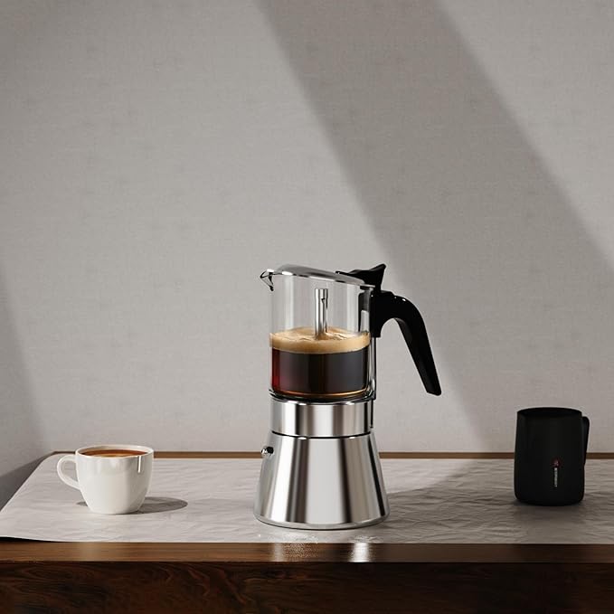 Moka Induction Stovetop Espresso Maker,Crystal Glass-top & Stainless Steel Espresso Moka Pot,Classic Italian coffee maker,240ml(6cup)