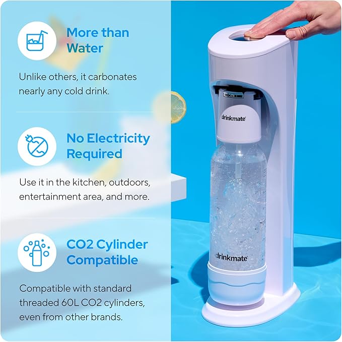 Drinkmate OmniFizz Sparkling Water and Soda Maker, Carbonates Any Drink, ULTIMATE BUNDLE - Includes three 60L CO2 Cylinders, Two Carbonation Bottles, and Fizz Infuser (Classic White)