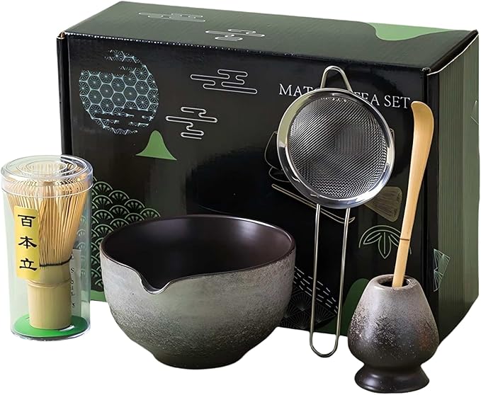 Matcha Whisk Set,Matcha Set Includes Ceramic Bowl with Spout,Stainless Sifter,Scoop,Whisk and Holder,Complete 5 Pcs Japanese Matcha Kit Making Tools,White