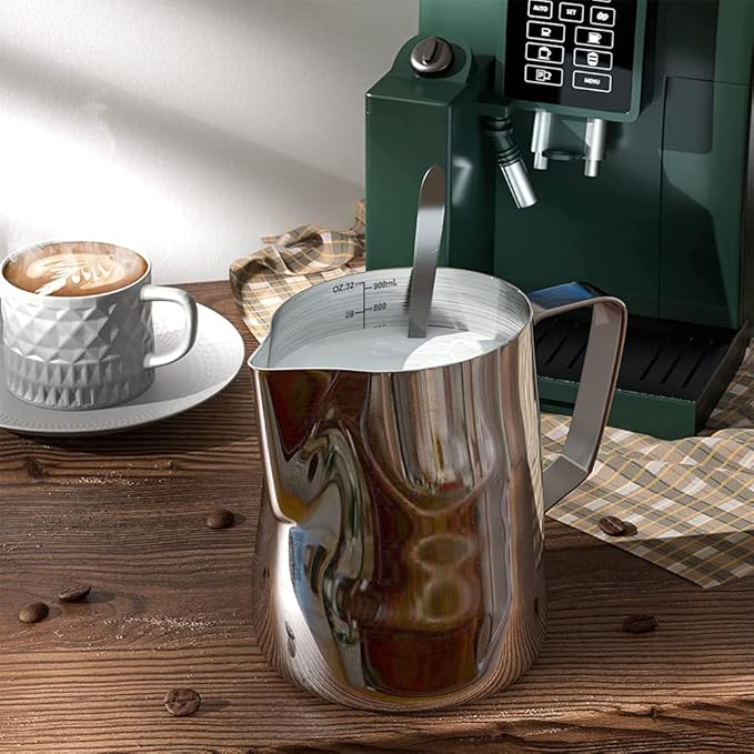 Milk Frothing Pitcher Cup, 32oz/900ML Milk Frother Cup Stainless Steel Steaming Pitcher Milk Jug Coffee Latte Art Cappuccino Espresso Machine Accessories Barista Steam Pitchers Attached Dessert Spoons