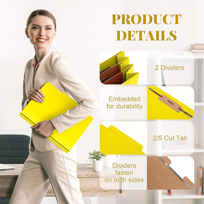 12 Pcs Classification Folders Letter Size Bulk - 2 Dividers Pressboard File Folder with 3. 5 Inch Expansion, 2 Prongs Fastener, Heavy Duty Office File Organizer for Teacher Medical (Yellow)
