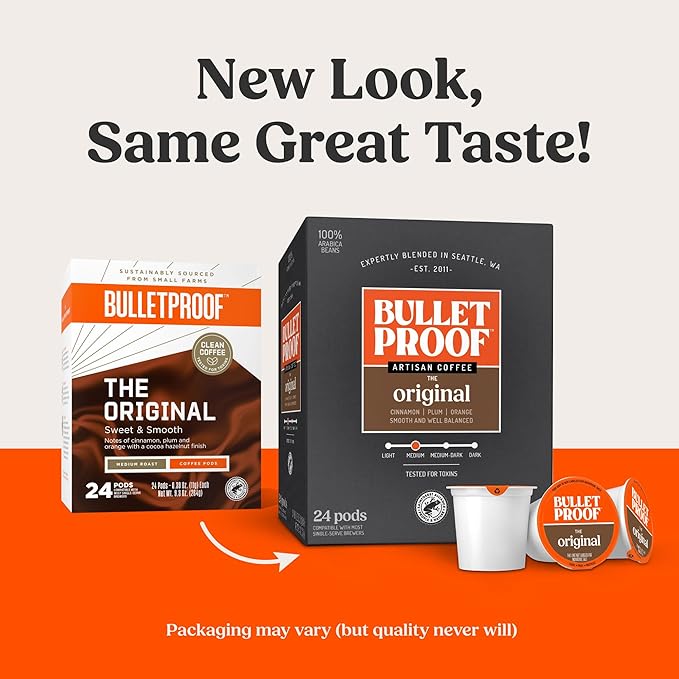 Bulletproof Original Medium-Roast Single-Serve Coffee Pods, 24 Count, 100% Arabica Beans, Clean Coffee Tested for Toxins, Packaging May Vary