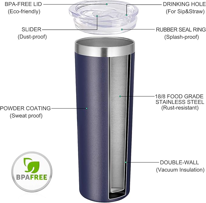 VEGOND Stainless Steel Tumblers Bulk 12 Pack, 20 oz Vacuum Insulated Skinny Tumblers with Lids and Straws, Double Wall Coffee Mug, Travel Water Cup, Navy Blue