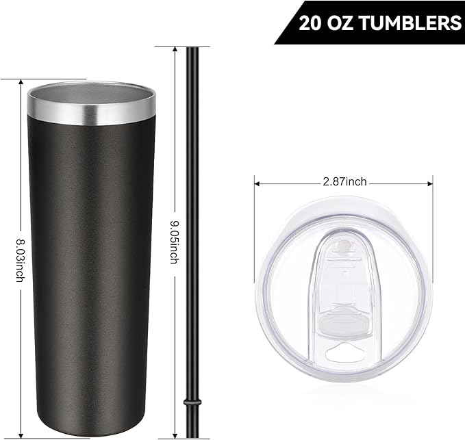 VEGOND Stainless Steel Skinny Tumbler, 20 oz Vacuum Insulated Tumbler with Lid and Straw, Double Wall Coffee Cup, Travel Mug for Cold Hot Drinks, Black 1 Pack