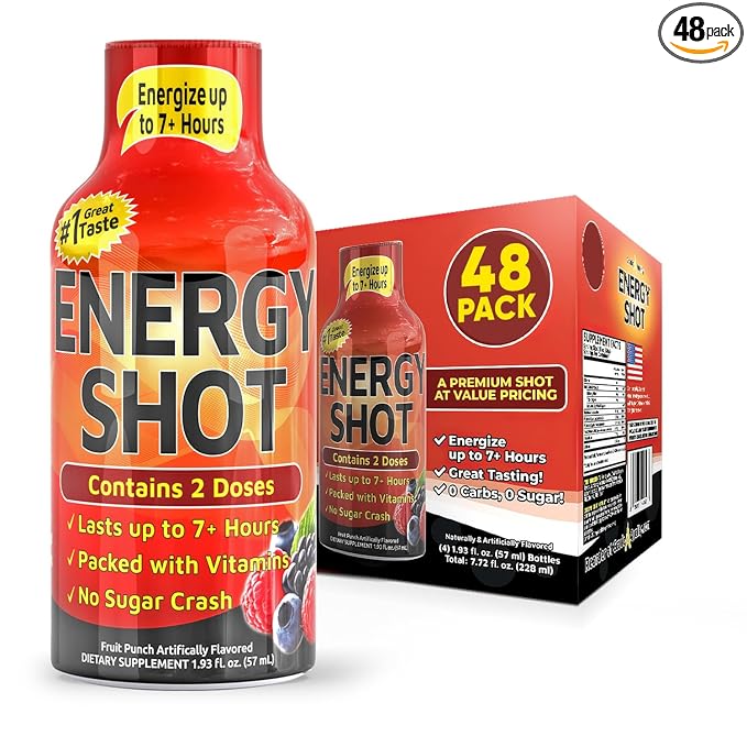 Fruit Punch Extra Strength Energy Shot 48 pk – 260mg Natural Caffeine B12 B6 – Energy & Focus Support – 2 Servings Sugar Free Zero Calorie Green Tea B-Vitamins Electrolytes Vegan – 1.93 fl oz