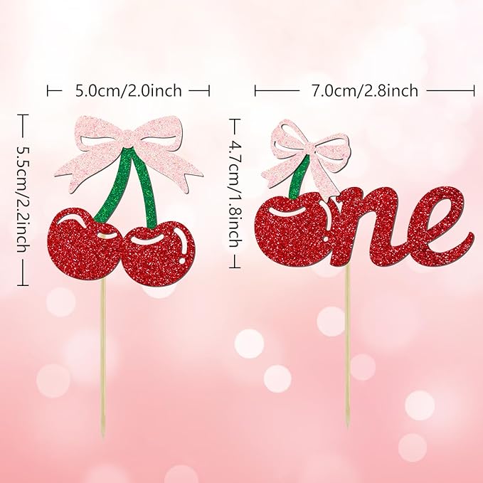24 Pack Cherry 1st Birthday Cupcake Toppers, Glitter Cherry First Birthday Cake Pick for Fruits Theme One Birthday Party Cake Decorations Supplies (One)