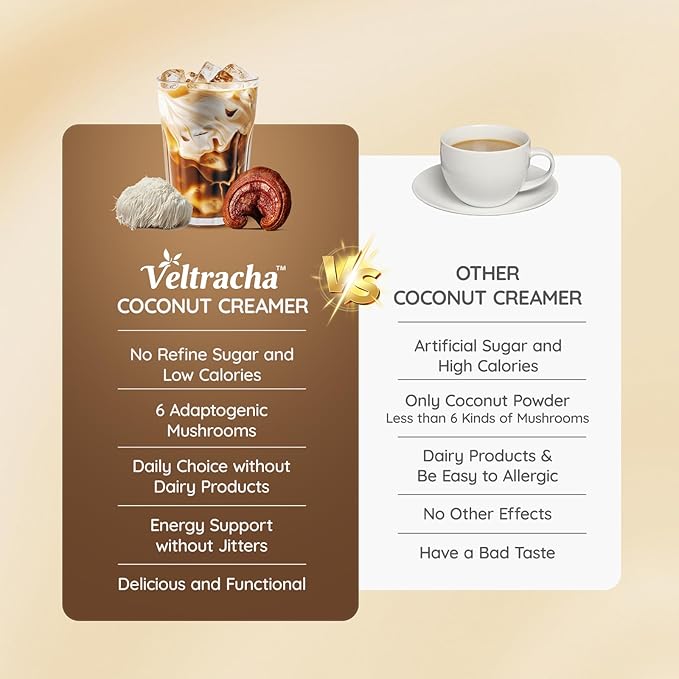 Veltracha Mushroom Coffee Creamer, Superfood Coconut Creamer Powder with 6 Adaptogenic Mushrooms - Reishi, Turkey Tail, Lions Mane, Non-Dairy Coconut Powdered Creamer for Energy & Focus & Digestion, 30 Servings