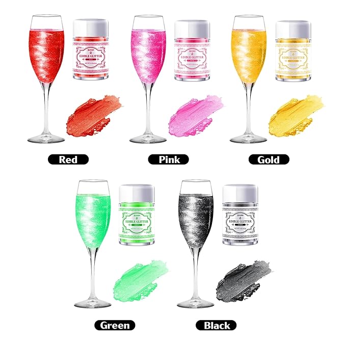 Edible Glitter for Cocktails - 5 Colors Luster Dust Edible Drink Glitter Food Grade Metallic Shimmer Powder for Beverage Chocolate, 5g/Bottle