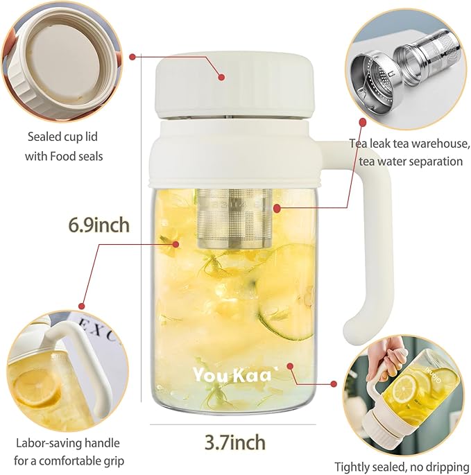 32oz Glass Water Bottle, Tea Bottle with Infuser & Handle, BPA-Free Leakproof Wide Mouth Large Tea Infuser Bottle for Hot or Cold Drinks, Loose Tea, Fruit (White)