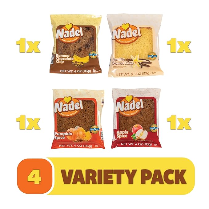 Nadel - Naturally Delicious Sweet Breads Variety Pack (Banana Chocolate Chip, Vanilla Pound Cake, Apple Spice, Pumpkin Spice). (4 Pack, 1 Bread Per Flavor)