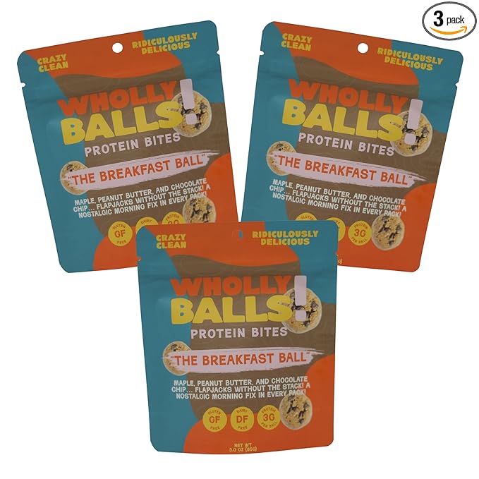 Wholly Balls Protein Bites – Healthy Plant-Based Snack | High Protein, Low Sugar, Gluten-Free Energy Balls (Pack of 3, Breakfast Ball)