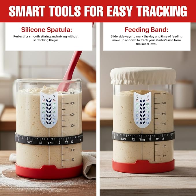 Sourdough Starter Kit, 40 Oz Sourdough Jar with Measuring Cup, Thermometer, Spatula, Dough Scraper, Bread Lame, Silicone Base & Cloth Cover, Feeding Band, Bread Baking Supplies for Bakers (40 Oz)