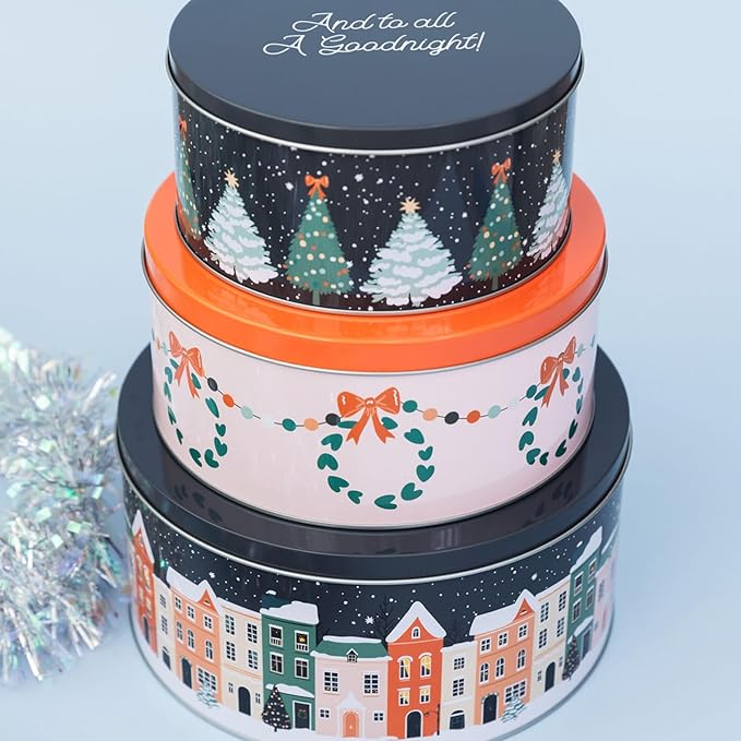 Steel Mill & Co Tin Containers with Lids, 3 Pack Christmas Cookie Tins, Festive Cookie Tins for Gift Giving & Holiday, Large Medium Small, Twas the Night Before Christmas