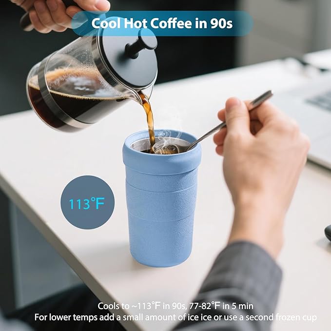 Iced Coffee Tumbler, 45℉ Insulated Beer Mug for Freezer, (Ice-Free) Double-walled Freezable Slushie Cup with Stainless Steel Liner, Travel Coffee Mug Reusable, with Lid and Straw, 16oz (1, Blue)