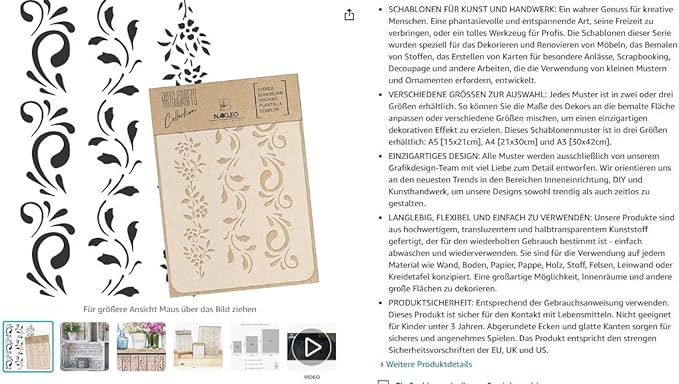 NAKLEO Painting Stencil for Crafts A3 11.8” x 16.5”, Border Flower Plant Pattern, Reusable Plastic DIY & Scrapbooking Drawing Template, Decoupage Art Home Decor, Wall Wood Fabric Furniture