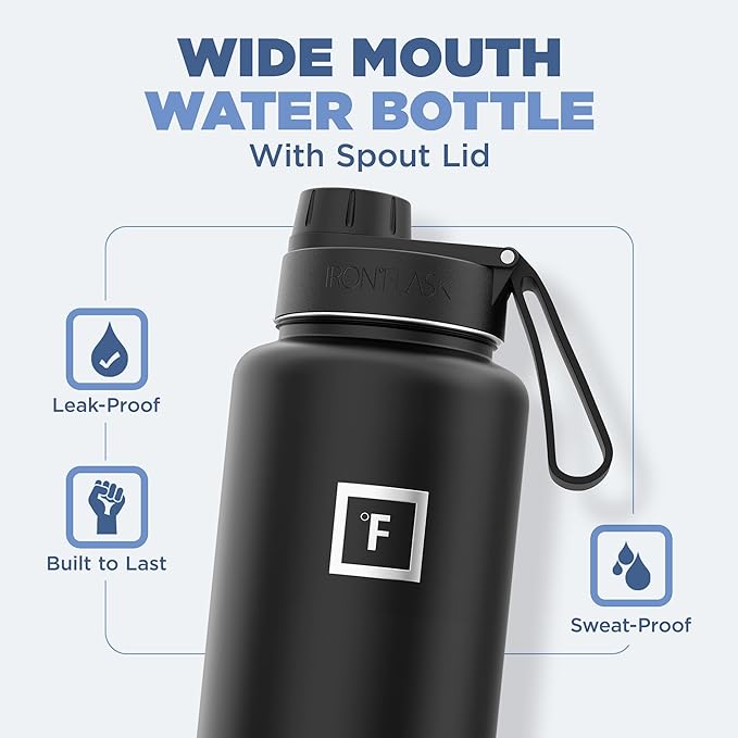 IRON °FLASK Camping & Hiking Hydration Flask with 3 Lids - Stainless Steel, Double Walled & Vacuum Insulated Water Bottle - Leak Proof & BPA Free (Morning Mist, Spout - 40 oz)