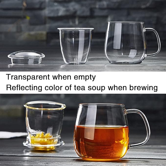 Glass Tea Cup with Infuser and Lid, 17.6oz/520ml Large Borosilicate Teacup,Tea Glass, Clear Mug for Loose Leaf Tea, Blooming Tea, Microwave & Dishwasher Safe - Tea Maker Gift for Birthday