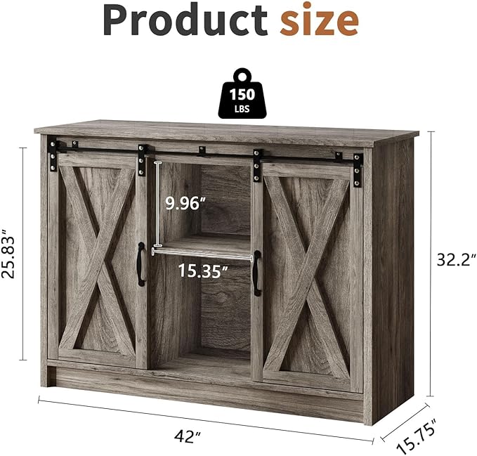 4 EVER WINNER Farmhouse Coffee Bar Cabinet with Sliding Barn Door, 42” Coffee Bar Table with Adjustable Shelves, Buffet Cabinet with Storage for Kitchen Living Dining Room, Wash Grey