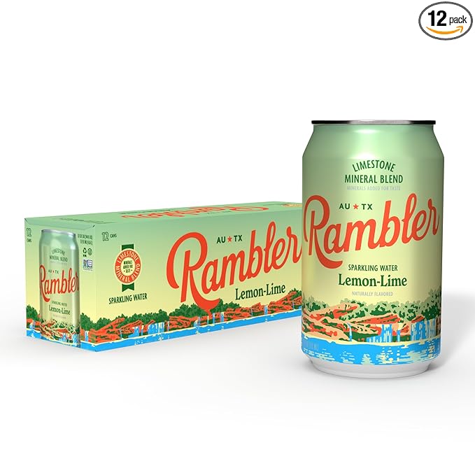 AUTX RAMBLER Sparkling Water, Texas Limestone Mineral Blend, Lemon-Lime Flavor, 12-Ounce Cans, 12-Pack