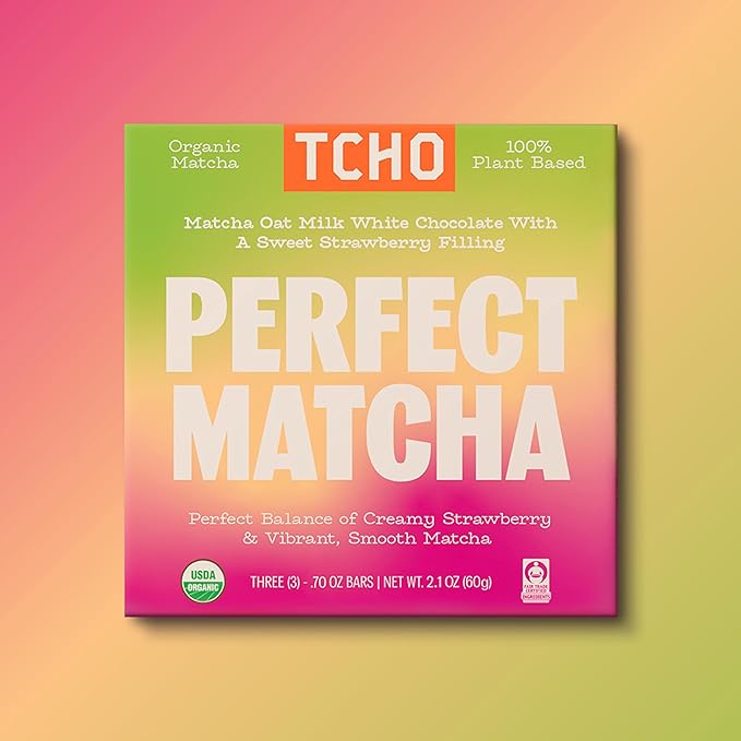 TCHO Perfect Matcha Chocolate Bar 10 Pack - Organic Oat Milk Chocolate with Matcha Shell and Strawberry Filling - Plant-Based Non-GMO Matcha Snacks