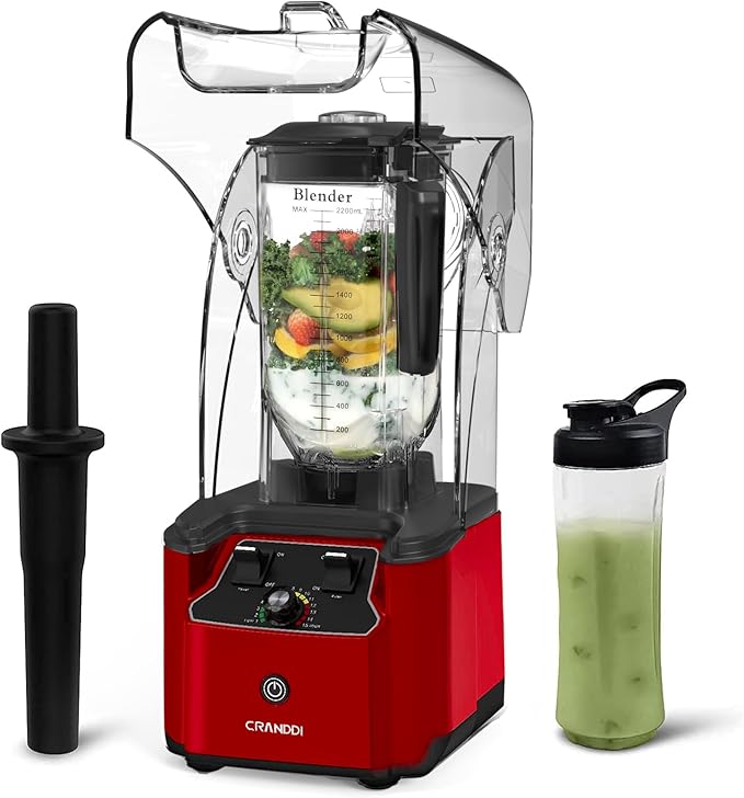 CRANDDI Quiet Commercial Blender with Soundproof Shield, 2200 Watt Professional Blenders for Kitchen with 80oz Pitcher and Self-Cleaning, High-Speed Blenders K90 Red