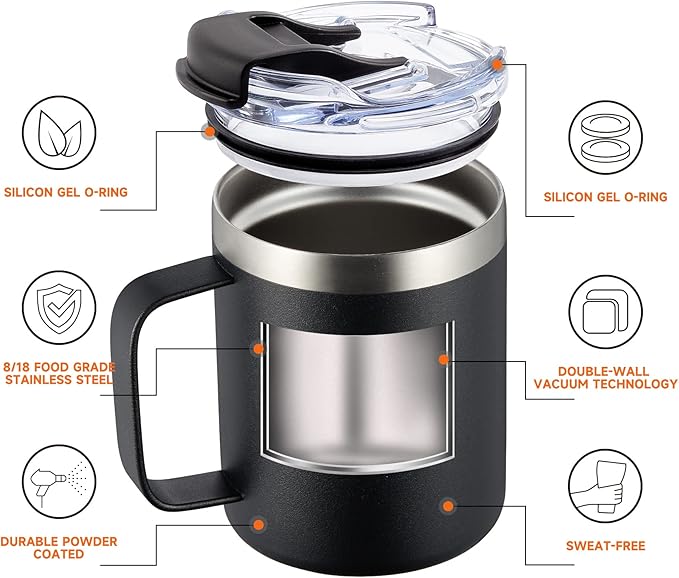 ALOUFEA 12oz Stainless Steel Insulated Coffee Mug with Handle, Double Wall Vacuum Travel Mug, Tumbler Cup with Fliping Lid, Black and Navy