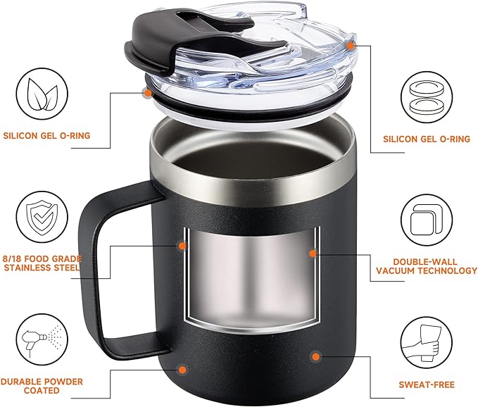 ALOUFEA 12oz Stainless Steel Insulated Coffee Mug with Handle, Double Wall Vacuum Tumbler Cup with Fliping Lid, Black, 2 Pack