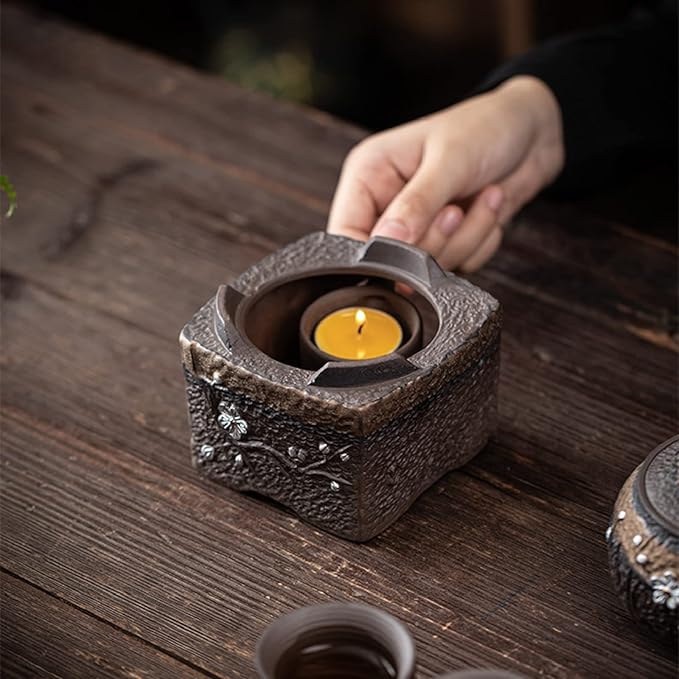 Teapot Warmer Matte Classic Retro Ceramic Universal Tea Warmer Stand Set with Candle Holder Japanese Style for Warming Tea, Coffee and Milk etc.
