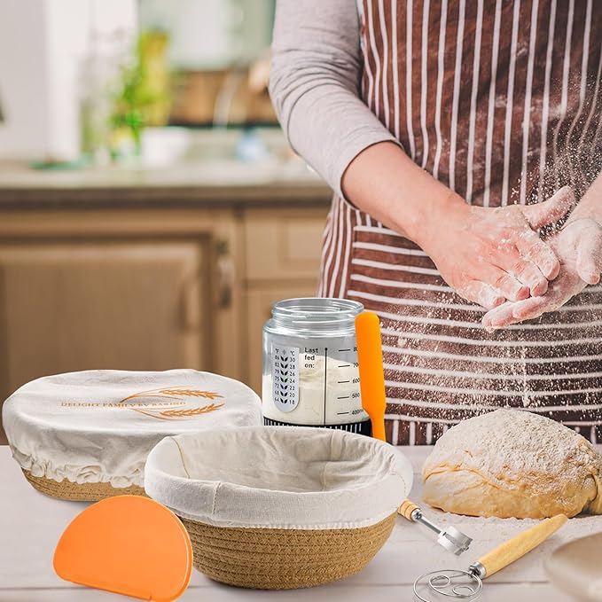 Cotton Rope Banneton Bread Proofing Basket Set - Includes handmade two round bread baskets with liners and covers. Ideal for sourdough bread baking supplies and starters