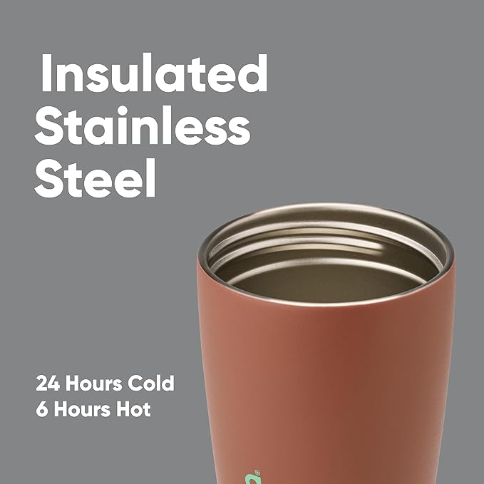Owala SmoothSip Slider Insulated Stainless Steel Coffee Tumbler, Reusable Iced Coffee Cup, Hot Coffee Travel Mug, BPA Free 12 oz, Grey/Brown (Cozy Cocoa)