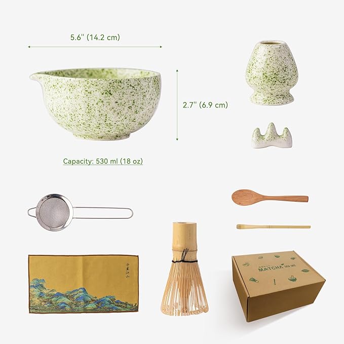Japanese Matcha Whisk Set,Ceramic Matcha Set Includes Bowl with Spout,Matcha Sifter, Bamboo Whisk and Holder for Matchas Tea,2 Bamboo Scoop, Scoop Rest,Tea Towel -8 Pcs Kit Gift for Matcha Lovers