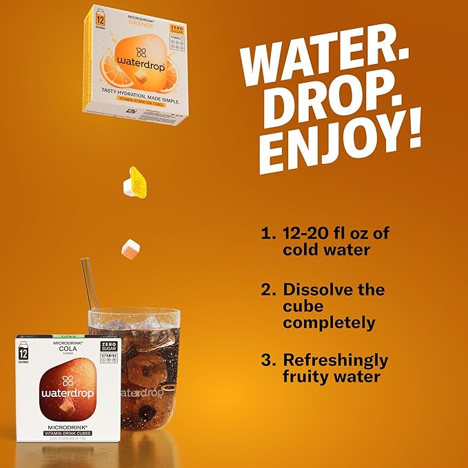 Waterdrop Hydration Cubes with Vitamin C, B3, B5 & Electrolytes, Cola & Orange Flavor Variety Pack, Flavored Water Enhancer Cubes for Still & Sparkling Water, On the Go, Sugar Free, Vegan, 24 Count