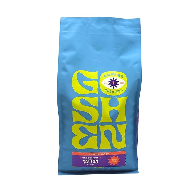 Goshen Coffee Roasters Whole Bean Old School Tattoo House Blend | Medium Roast, Brewed or Espresso | Award-Winning, Natural and Washed | Caramel, Nutty, Orange Flavors | 5 lb Bag