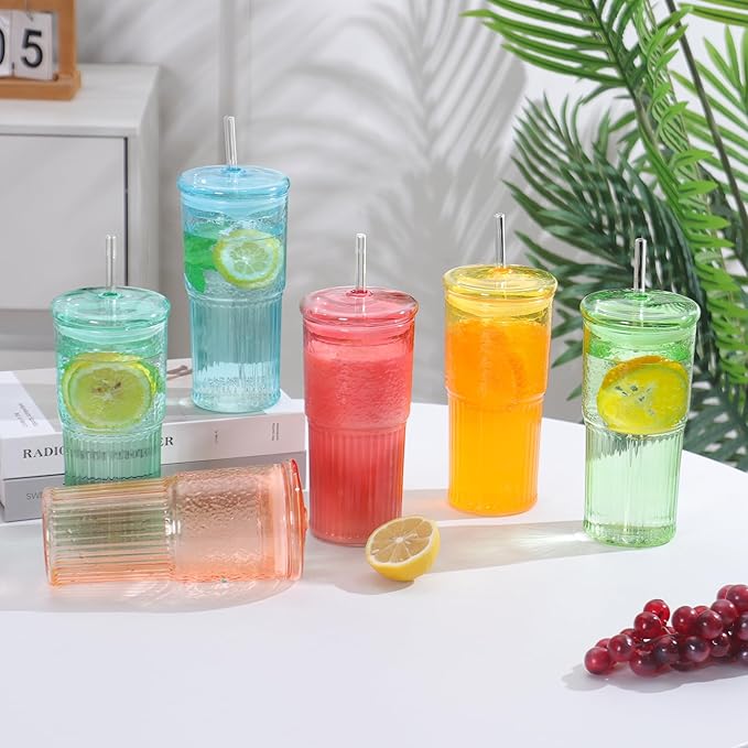 20 OZ Glass Cup with Lids and Glass Straws, High Borosilicate Iced Coffee Glass Tumblers with Lid and Straw for Drinks, 2pcs Reusable Wide Mouth Smoothie Cup(Red)