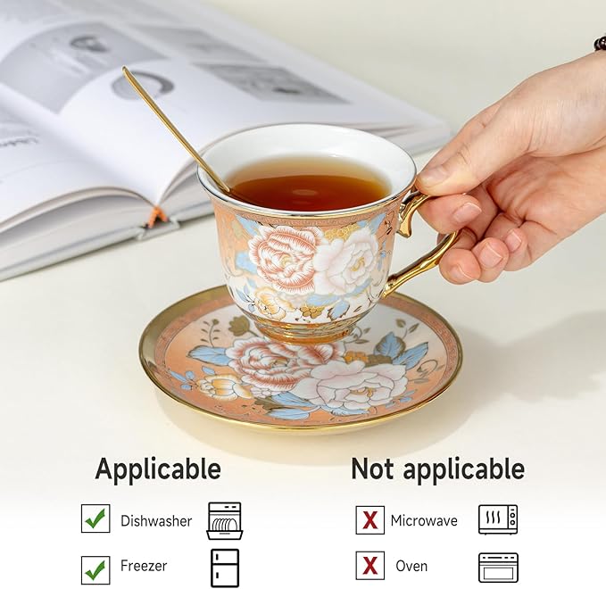 Tea Cups and Saucers Sets of 6, 8 Oz Floral Tea Cups with Spoons Ceramic Cup and Saucer Set for Cappuccino, Espresso, Coffee, Cafe, Latte, Tea for Tea Birthday