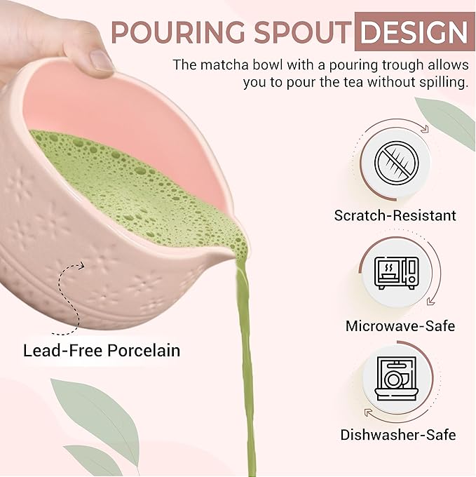 Matcha Whisk Set with Matcha Bowl - Matcha Set Included Electric Frother, Bamboo Whisk, Matcha Spoon, Bamboo Holder, Sifter, Spoon Stand (Blossom Pink)