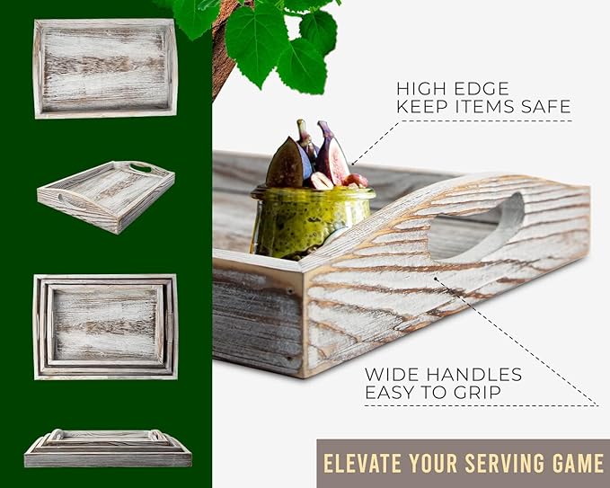 Serving Trays Set of 3 - Ottoman Wood Trays for Entertainment, Food and Décor - Rustic Farmhouse Distressed Wood Finish - Rustic White