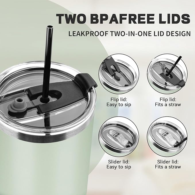 30 oz Tumbler with Lids and Straws, Stainless Steel Insulated Coffee Tumbler, Double Wall Vacuum Insulated Travel Mug Cup, Leakproof Thermal Coffee Cup for Hot and Cold Drinks (Green Tea)