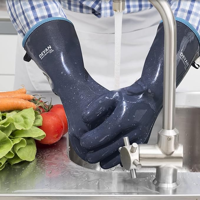 DEYAN Silicone BBQ Gloves, 932°F Heat Resistant Oven Gloves with Fingers, Kitchen Waterproof Hot Proof Glove for Fryer, Smoker, Baking, Cooking, Cutting(10/XL)