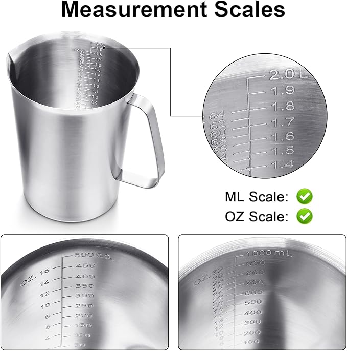 Flutesan 3 Pcs Stainless Steel Measuring Cups Measuring Pitcher with Handle with Markings for Latte Art, Water Pouring 2/4/8 Cup (16/32/64 oz)