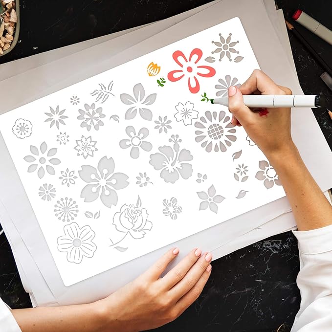 Zonon 3 Pieces Stencil Template Painting Stencil Spring Summer Template Reusable Drawing Set for Daily DIY Art Notebook Wedding Card Scrapbook Home Decor 3 Sizes(Flower Style)