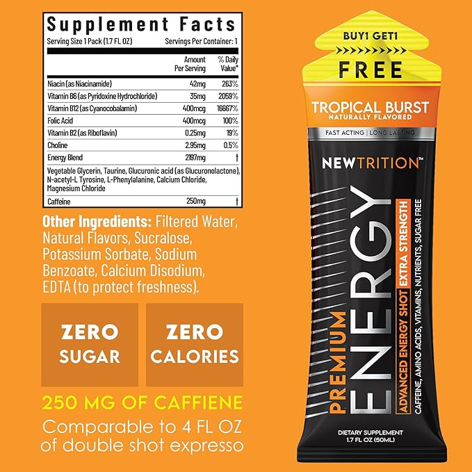 NewTrition® Extra Strength Energy Shots, 250mg Caffeine Energy Shots with Vitamin B & Amino Acids, Sugar-Free Vitamin Energy Shot, 1.7 fl oz (Pack of 12, Tropical Burst)