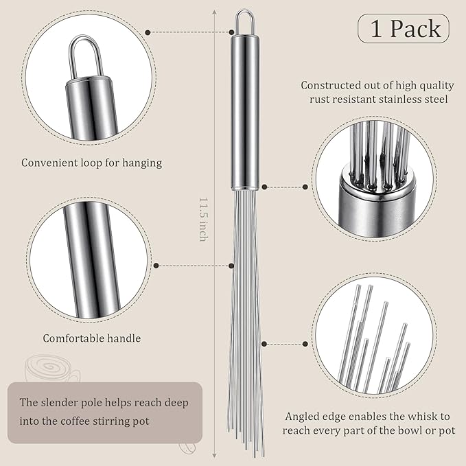 Baderke 1 Pcs Espresso Whisk 11.5 Inch Long Handle Barista Whisk 10 Needles 2 mm Stainless Steel Coffee Stirrer Tool Efficient Mixing Time Saving Reduction Clumping Ideal for Commercial Home