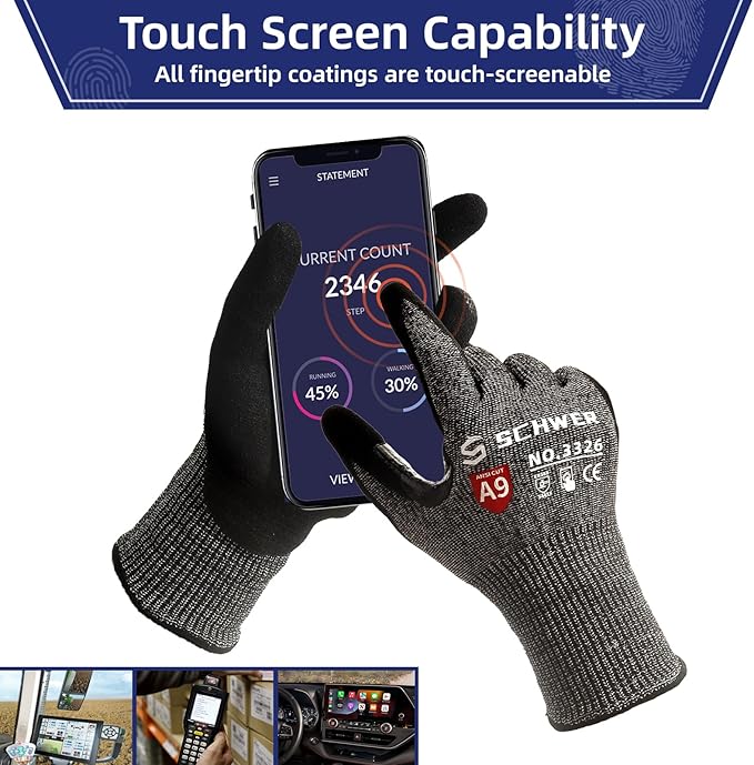 Schwer ProGuard Highest Level Cut Resistant Work Gloves PR3326 for Extreme Protection, ANSI A9 Cut Gloves with Reinforced Thumb, Non Slip, Cooling, Durable, Touch-screen, Non PFAS, Black 2 Pairs（S）