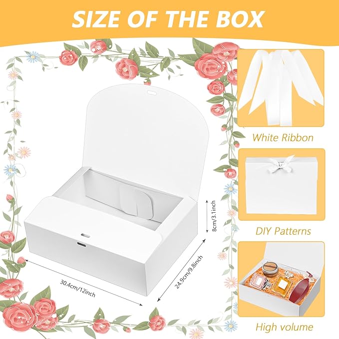 12Pack White Gift Boxes with Lids, 12×9.8×3.1 Inch Gift Box with Ribbon, Elegant Bridesmaid Proposal Box for Wedding, Birthday, Party, Christmas, Bridesmaid, Graduation
