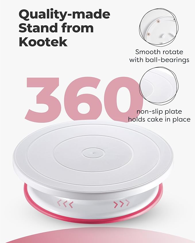 Kootek Cake Decorating Kit Baking Supplies Cake Turntable with 2 Frosting Straight Angled Spatula 3 Icing Smoother Scrapers Baking Accessories Tools for Beginners and Pros, Pink