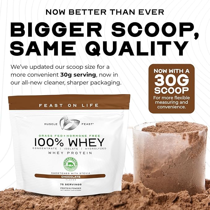Muscle Feast 100% Grass Fed Whey Protein Powder, All Natural Hormone Free Paure Raised Whey Protein Powder for Women & Men- Whey Concentrate, Isolate & Hydrolyzed Protein Powder Blend - Chocolate, 5lb